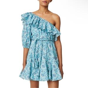 Rhode Ozzie Cotton Ruffle One Shoulder Belted Floral Dress in Aqua Lotus Mini
